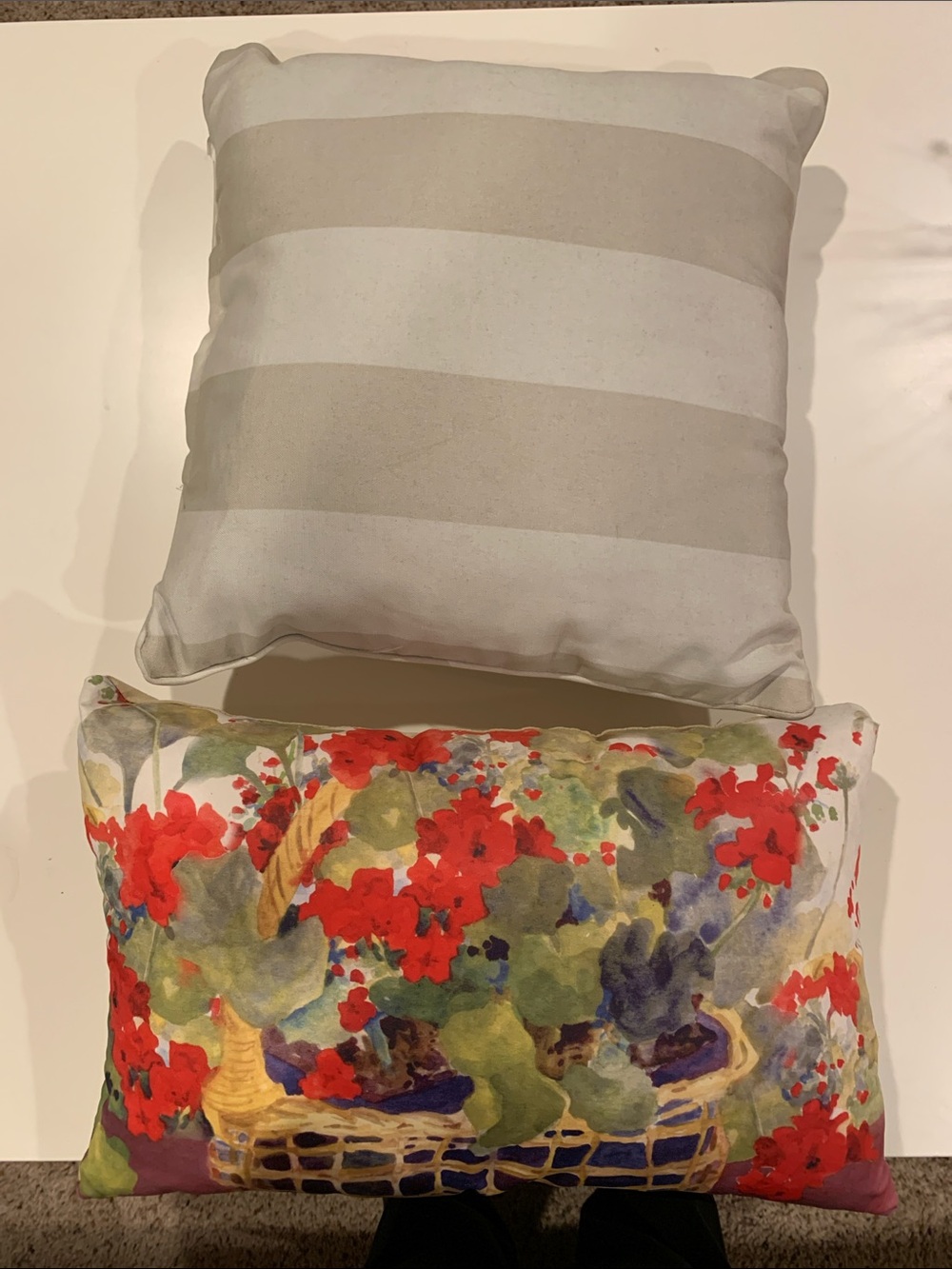 Set of 2 Decorative Striped and Floral Outdoor Throw Pillows